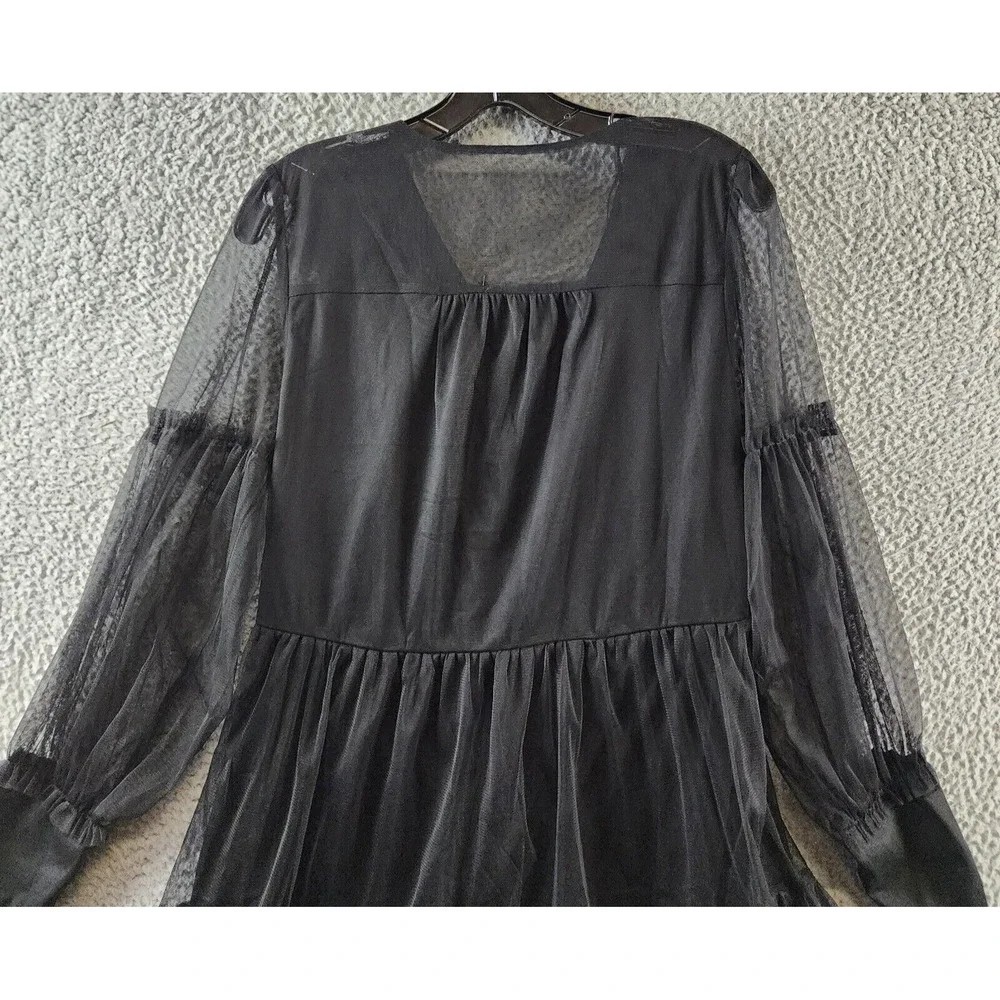 VINCE CAMUTO Mesh Ruffled Dress Women's S Black V-Neck Long Sleeves Pullover - Picture 6 of 13